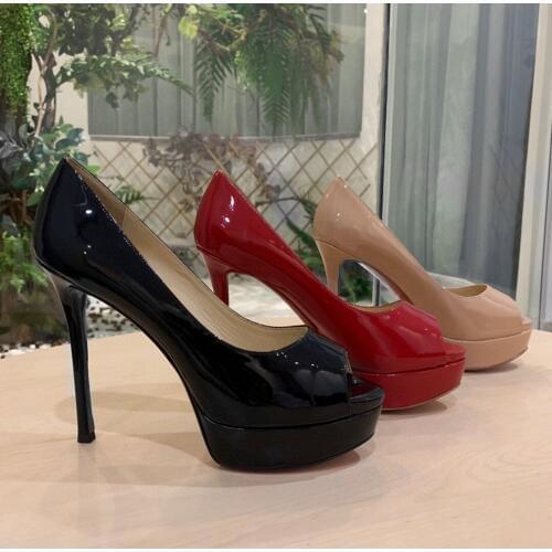 Sexy Super High Womens Pumps Genuine Leather High Heels Pumps Peep Toe Slip One Womens Shoes Designer Brand Platform Pumps