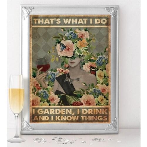 Vintage Abstract Woman Floral Wine Canvas Poster Bar Pub Decorative Painting I Drink and I Know Quote Kitchen Wall Art Prints