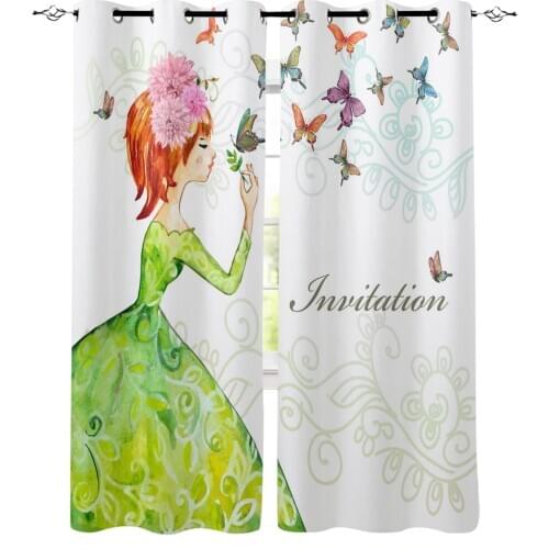Butterfly Girl Wings Flowers Window Curtains Home Decor Living Room Curtains Kitchen Drapes Panel Curtains for Bedroom