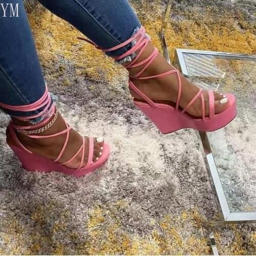 Hot 2021 Summer Shoes Woman Platform Wedges Heel Soft Leather Casual Sandals Cross Lace Up Women with 36-43 Peep Toe Gladiator