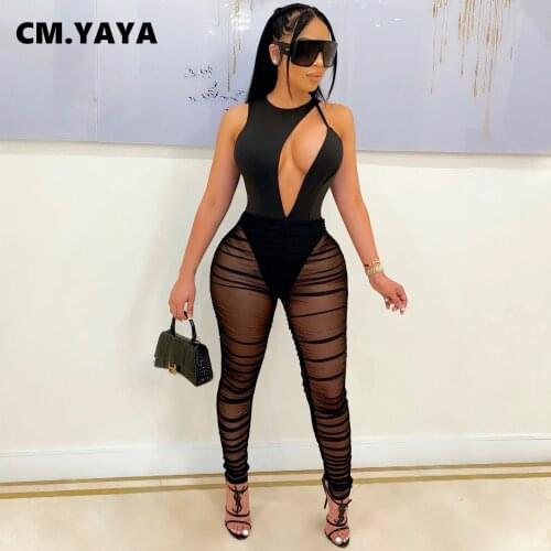 CM.YAYA Women Jumpsuit Solid Mesh See-through Sleeveless Zip Cut Out Stretchy Pencil Jumpsuits Sexy Night Clubwear Summer Outfit
