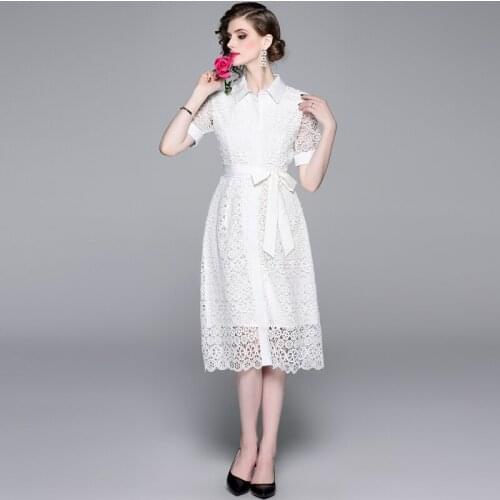 2021 New Arrival Summer Runway Style Bow Dress Short Sleeve Black White Women Lace Hollow Out Dresses Vestidos