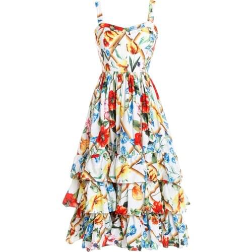 High Quality 2021 Summer New Fashion Flower Printing Multi-Layer Cake Sling Tube Top Strap Chest Pad Slim Luxury Woman Dress