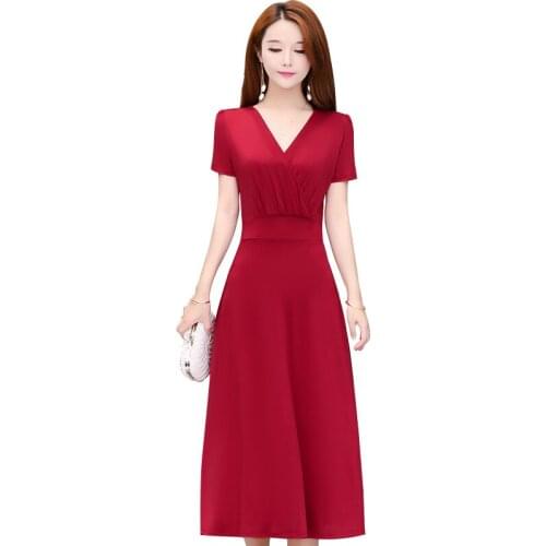 Women Summer Elegant Red Slim Maxi Dresses 5XL Ladies Short Sleeve V Neck Long A-line Solid Dress Female Vestidos Women Clothing