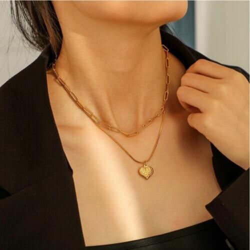 316L Stainless Steel New Fashion Upscale Jewelry 2-layer Heart Charms Snake Bone Chain Choker Necklaces & Pendants For Women