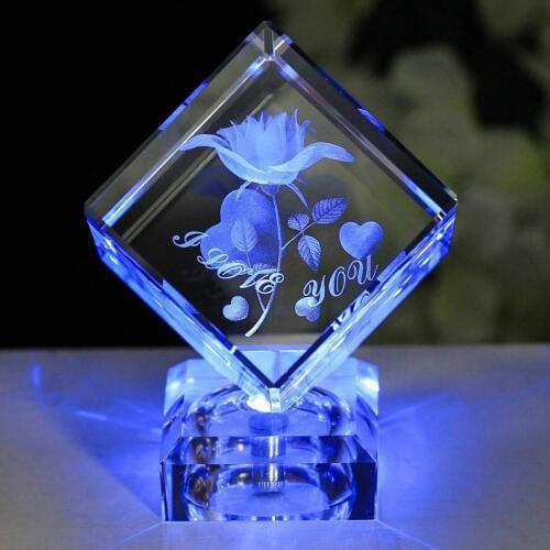 3D Laser K9 Crystal Rose Engraving Cube LED Base For Valentines Day Birthday Wedding Anniversary Gifts