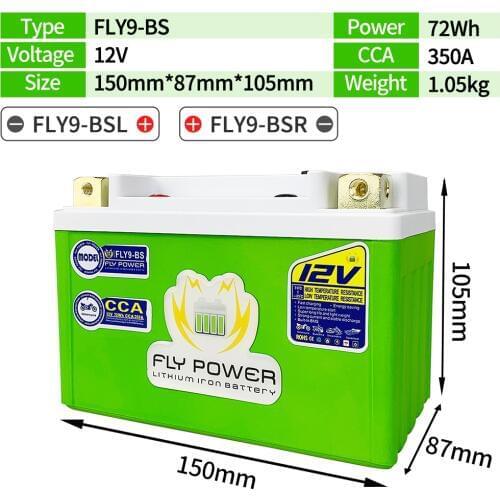 FLY9-BS 12V 72Wh CCA 350A LifePO4 Motorcycle Battery Lithium iron Start Battery Replace YTX9-BS for ATVs Jet Skis Snowmobiles