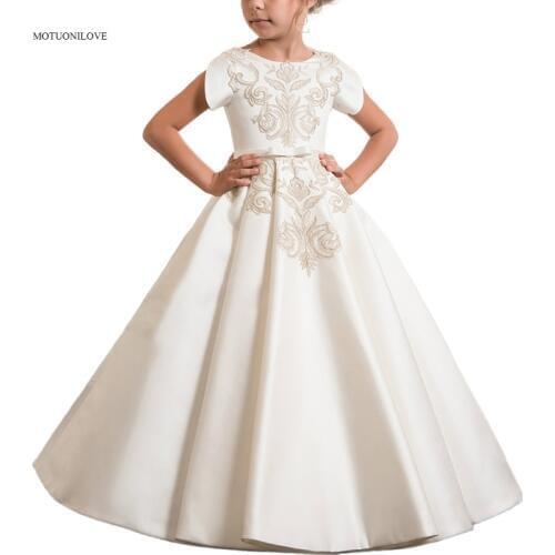 Embroidery Short Sleeves Satin Infant Toddler Long Pageant Gowns Flower Girl Dresses for Weddings Party First Communion Dresses