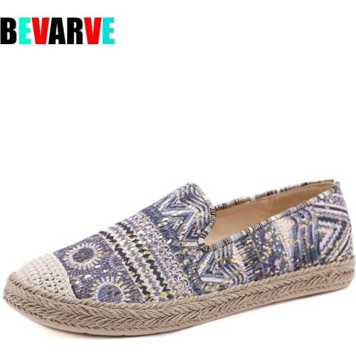 BEVARVE Casual Bohemia Ladies Flat Fishmen Espadrilles Ethnic Bohemia Loafers Slip-on Fashion Printed Glitter Embroidered Cloth