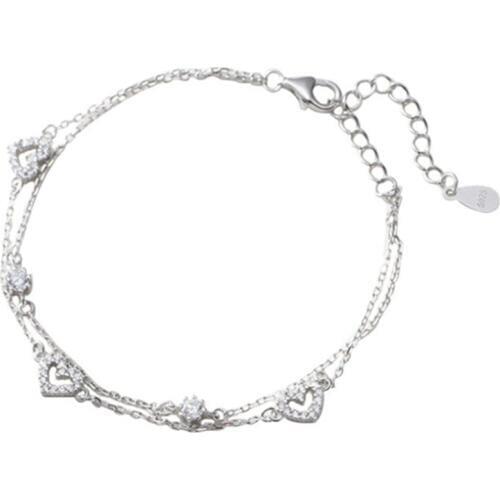 925 Sterling Silver CZ Zircon Heart Charm Two Layers Link Chain Bracelet Adjustable Women Bracelet Elegant Silver Jewelry