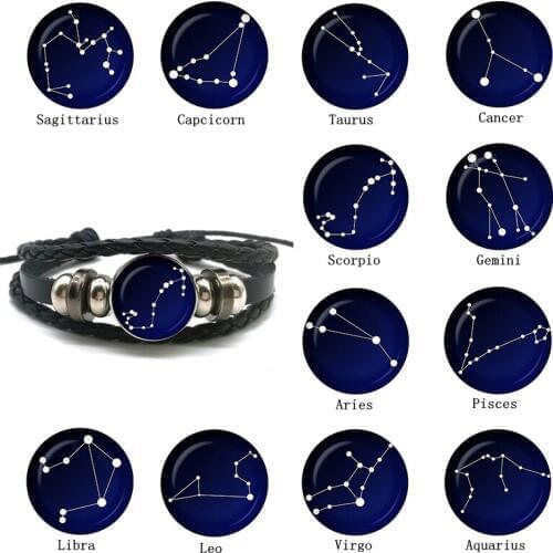 New Fashion 12 Constellation Bracelet Men Women Zodiac Sign Black Leather Wrap Bracelet Nebula Star Astrology Jewelry