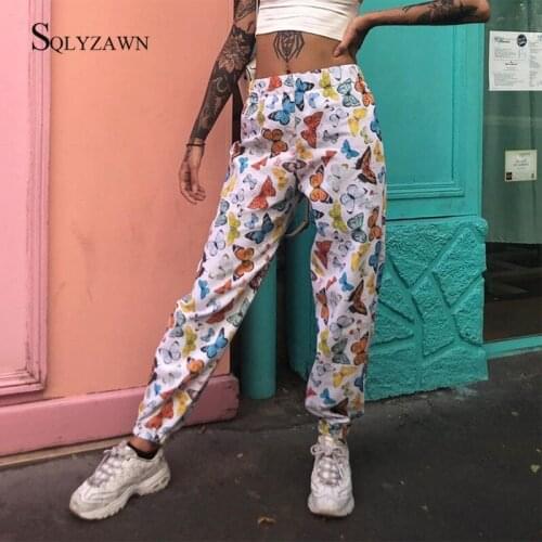 Streetwear Cargo Pants Women Summer High Waist Butterfly Print Casual Slim Long Trousers Harajuku Hip Hop Joggers Sweatpants