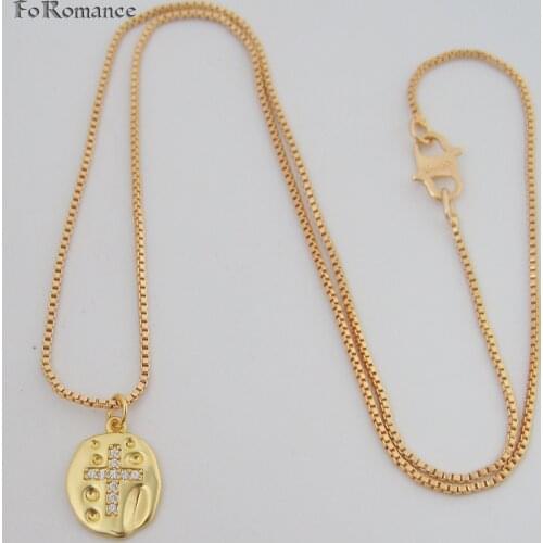 Foromance - YELLOW GOLD GP 18" BOX LINK CHAIN NECKLACE & CHRISTIAN JESUS CROSS OVAL CZ STONE PENDANT RELIGION TALL 16MM 0.63inch