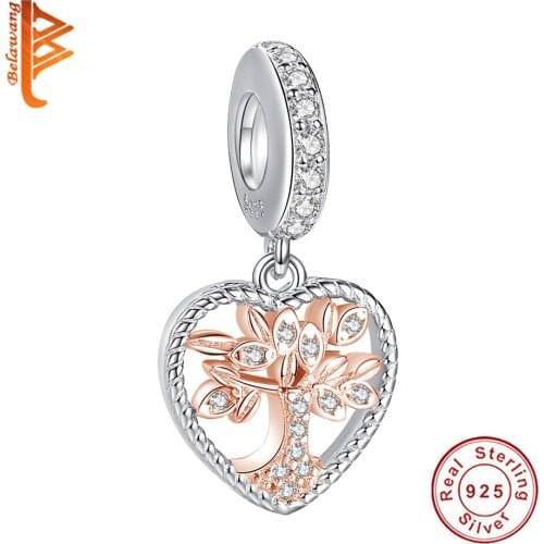 Pure 925 Sterling Silver Life Of Tree Charm With Rose Gold Plated Zircon Fashion Heart Bead Fit Original Bracelet Birthday Gift