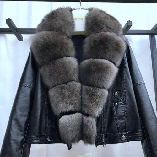 2021 sheepskin jacket, fox fur collar motorcycle crop top, cotton liner, fox fur placket