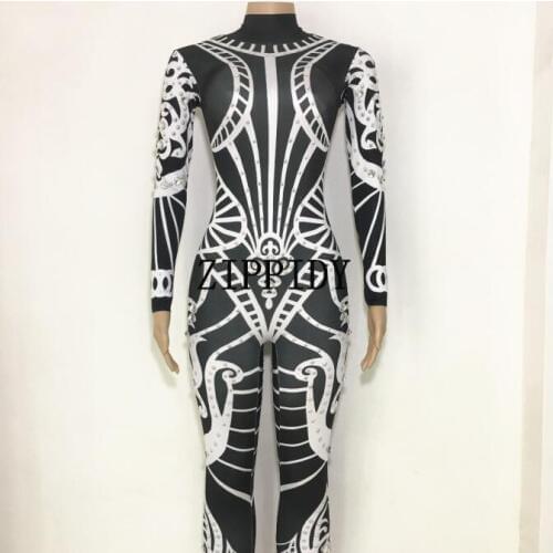 Fashion Shining Black White Printed Rhinestone Jumpsuit Female Leggings Costume One-piece Bodysuit Stretch Outfit Party Costume
