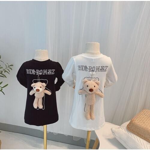 New 2020 Girls Long Sleeve T-shirt Autumn Casual Letter Print Bear Mid-length Tshirt for Girl Child Clothes Girl Tops New Style