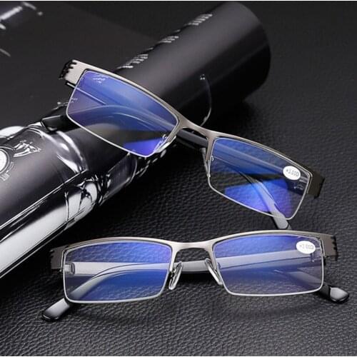 Moonbiffy Blue Film Resin Reading Glasses Men Women Metal Half Frame Hyperopia Eyeglasses +1.0 1.52.02.5 3.0 3.5 4.0 Diopter