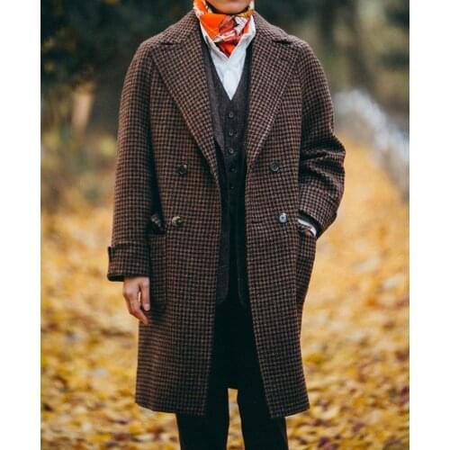 Winter Mens Woolen Coat Mid-Length Plaid V-Neck Jacket 2021 Fashion Thicken Double-Breasted Plus Overcoat
