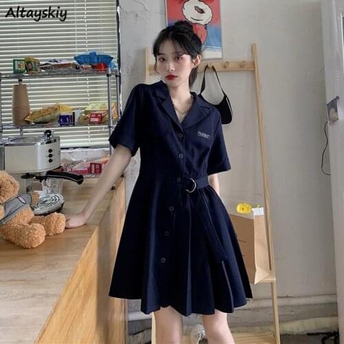 Dress Women Preppy Style Solid Color Sashes Elegant All-match Casual Girls Streetwear Fashionable Single Breasted Vintage Female
