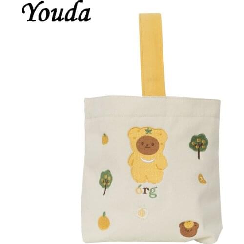 New Womens Canvas Bucket Bag Girls Cute Embroidery Female Handbag Spring New Style Student Picnic Reusable Lunch Box Bag Wallet