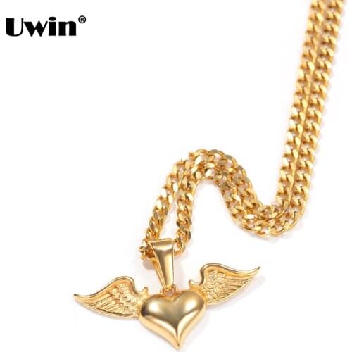 Uwin Hiphop Jewelry Heart Shape with Angel Pendant Necklace for Men and Women Trendy Alloy Charms Necklace for Drop Shipping