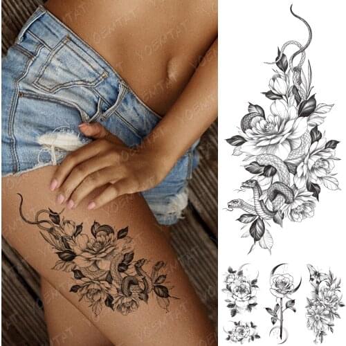 Waterproof Temporary Tattoo Sticker Peony Flower Snake Black Flash Tattoos Female Sketch Line Body Art Arm Thigh Fake Tatto