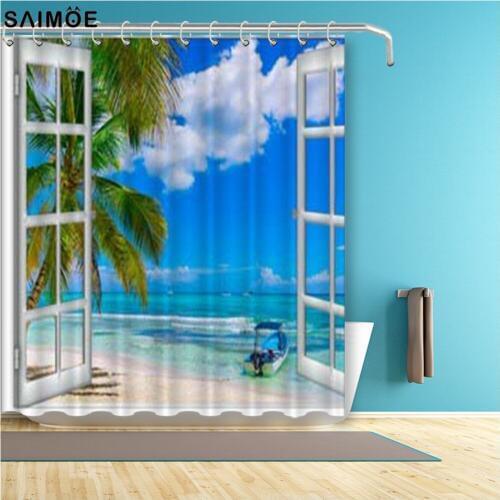 Summer Beach Landscape Waterproof Polyester Bathroom Shower Curtain Open Window View Waterproof Polyester Fabric Bath Shower Set