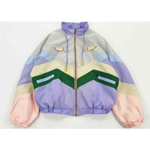 Women Pastel Bomber Jacket Cute Embroidery Color Block Duster Souvenir Sukajan Jacket Japanese Girls Harajuku Style
