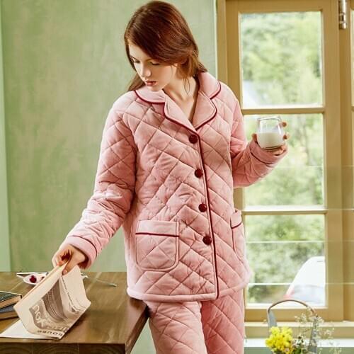 Womens Two-Piece Cardigan Fleece-Lined Thickened Womens Home Clothes Winter Babe Cashmere Quilted to Keep Warm Pajamas