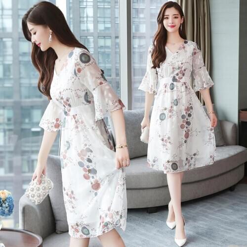 2021 New Plus Size Summer Vintage Floral Chiffon Sundress Korean Elegant Women Midi Casual Beach Dresses Runway White Vestidos