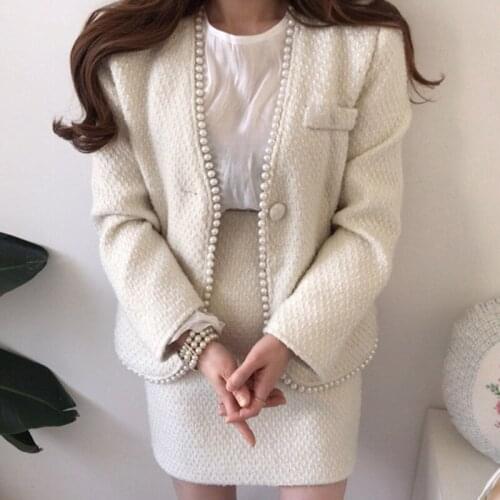 Sannian Women Set Coat And Skirts Retro Beaded Long-sleeved Tweed Cardigan Jacket+high Waist Bag Hip Skirt Suit Women Clothes