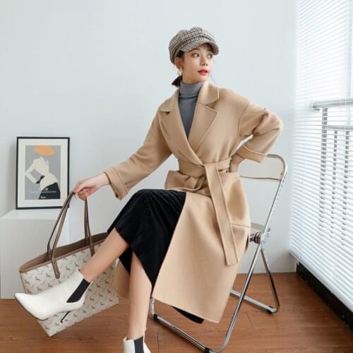 2020 Winter Black Long Loose Double Sided Woolen Overcoat Women Korean Bathrobe Type Lacing Belt Plus Size 100% Wool Coat Jacket