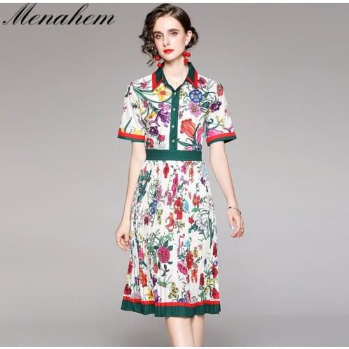 Menahem Runway Summer Striped Flower Dress Womens Turn Down Collar Short Sleeve Floral Print Vintage Midi Tunic Party Vestidos