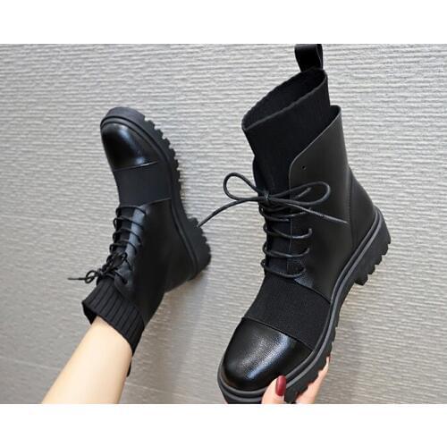 Winter Boots Women Shoes Woman Boots Fashion Flat Round PU Ankle Boots 2020 Winter Elastic Lace Black Boots Comfortable Boots
