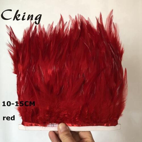 10 meter long red color chicken feather trims 4-6inch in width rooster tail feather fringe strips 42 colors can be choosed