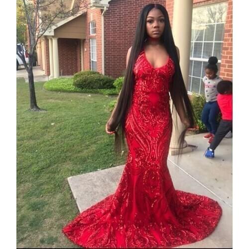 2019 Red Prom Dresses Mermaid Plunging V Neck Sequined Lace Sweep Train Formal Dresses Evening Wear For Black Girls DP0445