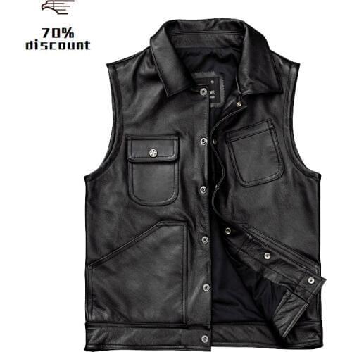 2020 Black Men American Casual Style Leather Vest Plus Size XXXXL Genuine Cowhide Spring Slim Fit Natural Vest FREE SHIPPING