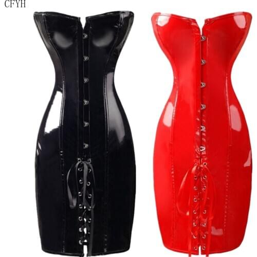 Women Sexy Goth Punk Clubwear Steampunk Corset Dress Wetlook Vinyl PVC Dress Bustier Bodycon Catsuit