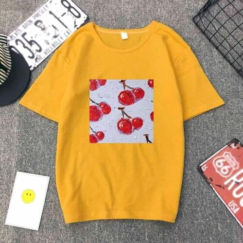 Personality T Shirts Cherry Oil Painting Printing Women Tshirts Fashion Harajuku T-Shirt For Womens Solid Color Vintage Shirts