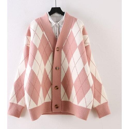 Korean Fashion Cardigan Womens Sweater Oversize Diamond Lattice Female Coat Long Sleeve Top Pink Argyle Knitted Cardigans Women