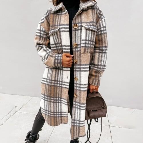 Spring Autumn Womens long Sleeve Plaid Print Coat Women Jacket Loose Turn Down Collar Single-Breasted Long Shirt Coat Femme