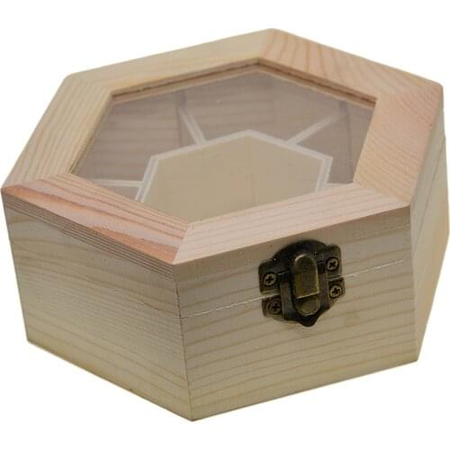 Natural Plain Wooden Jewellery Crafts Storage Box With Glass Lid and Lock Hexagon Shaped Chest Storage Collection Box