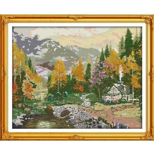 Autumnal scenery 5 cross stitch kit aida 14ct 11ct count printed canvas stitches embroidery DIY handmade needlework