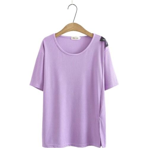 Plus Size Womens Cotton&Crochet Summer Tshirts Oversized Knitted Tops Slim Side Slit Tee