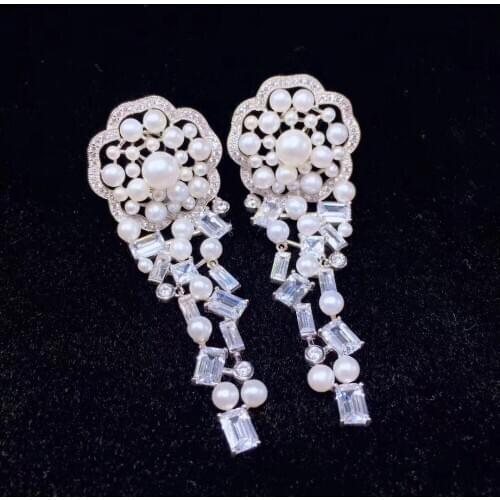 Natural fresh water pearl dangle earring 925 sterling silver with cubic zircon fine jewelry for women party wedding earring