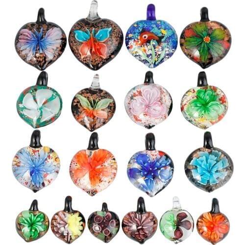 SUNYIK 1Pc Assorted Floral/Animal Murano Lampwork Glass Pendant Fit Necklace