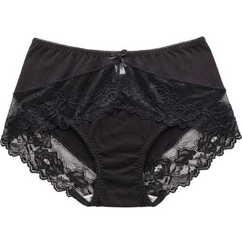 3XL Large Size Sexy Hollow Women Lace Flower Panties High Waist Breathable Transparent Elasticity Female Underwear Cotton Breif