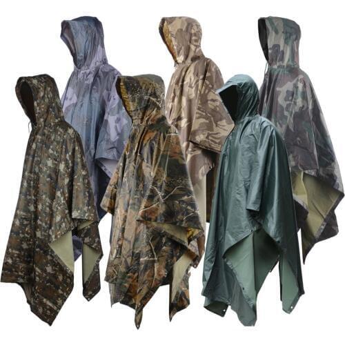Rain Poncho Waterproof Camouflage Rain Coat Outdoor Camo Sun Shelter Ground Sheet Tarp For Hammock Camping Tent Awning Canopy