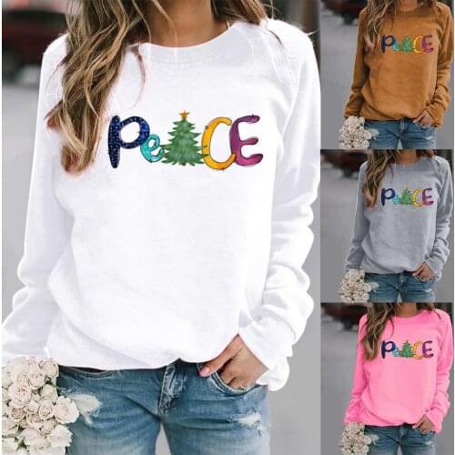 Women Fleece Long Sleeve O Neck Loose Sweatshirt Girls Pullovers Autumn Winter Women Hoodie Peace Christmas Tree Printed Hoodies